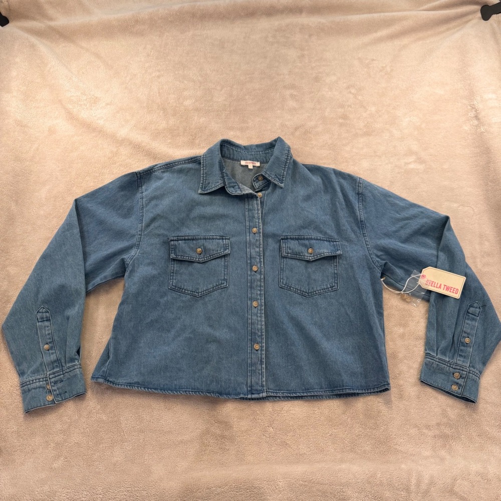 NWT Denim Cropped Casual Shirt Jacket Athleisure Boxy Western Utility Blue Sz M - Picture 2 of 9